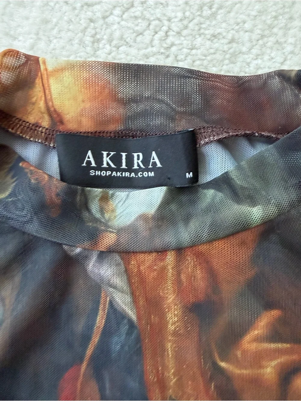 Akira Renaissance Print Sheer Mesh Bodysuit in Dark MultiColor - Picture 3 of 7